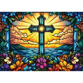 MINIWAN - 1000 Piece Stained Glass Cross Jigsaw Puzzle for Adults | Challenging & Colorful Cross Flower Pattern | Perfect for Game Nights & Gifts