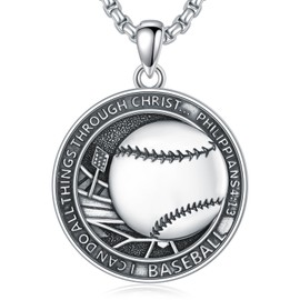 Seiyang Baseball Necklace 925 Sterling Silver Baseball Pendant Medal with Bible Verse I CAN DO All THINGS, Baseball Jewelry Gifts for Men Women Player Lover Fan