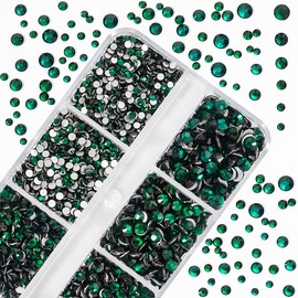 6Grids 3000Pcs Flatback Rhinestones , Dark Green Nail Gems Crystals Jewels, Craft Glass Diamonds Stones Bling Rhinestone with Tweezers and Picking Pen For Nail Face Makeup(1.8mm~4mm Crystal)