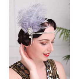 Anglacesmade 1920s Flapper Feather Headband Gray Crystal Head Chain Great Gatsby Headpiece Vintage Roaring 20s Hair Accessories for Women and Girls