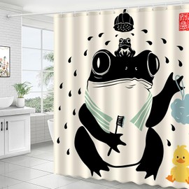 JWXCBIM Funny Frog Bathroom Shower Curtain Set 72x72 Inches, Cute Anime Asian Japanese Style Art Bath Accessories, Cool Animal Yellow Duck Vintage Black Beige Home Decor with 12 Hooks