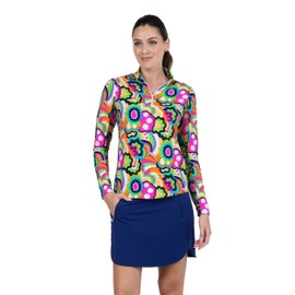 IBKUL Athleisure Wear Sun Protective UPF 50+ Icefil Cooling Yolanda Print Long Sleeve Mock Neck Top – 10873 Hot Pink Multi Yolanda S