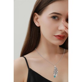 Women Necklace 925 Sterling Silver Necklace CZ Zircon Feather Pendant Necklaces (White & Turquoise-084)