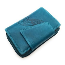 große echt Leder Damen Geldbörse, Portemonnaie, Geldbeutel Schmetterling, gewachstes Rindleder (Petrol)