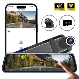 4K Car DVR, Car Rear View Mirror DVR, Car Rear View Mirror Camera, Ultrahd Car Dash Cam with 32GB Card, Car Electronics Accessories