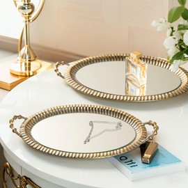 Glitzhome Set of 2 Oversized Vintage Gold Mirror Decorative Trays with Handles, Oval Metal Vanity Jewelry Tray Perfume Dresser Tray, Elegant Jewelry Organizer Makeup Trays