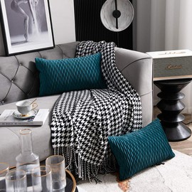 DEZENE 12x20 Teal Throw Pillow Cases: 2 Pack Original Striped Velvet Rectangular Decorative Pillow Covers for Farmhouse Couch