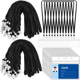 200 Pcs Lanyards for Id Badges and 200 Pcs ID Badge Holder, 200 Sets Horizontal Name Tags Badge Holder with Lanyard, Flat Neck Lanyards Bulk with Clip for School Office Business Conferences (Black)