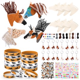 Geelin 144 Pcs Horse Party Favors Birthday Supplies Wooden Horse Craft Painting Kit with Yarn Silicone Wristband Sticker Key Chains Diamond Sticker for Western Cowboy Cowgirl Party Favors Decor