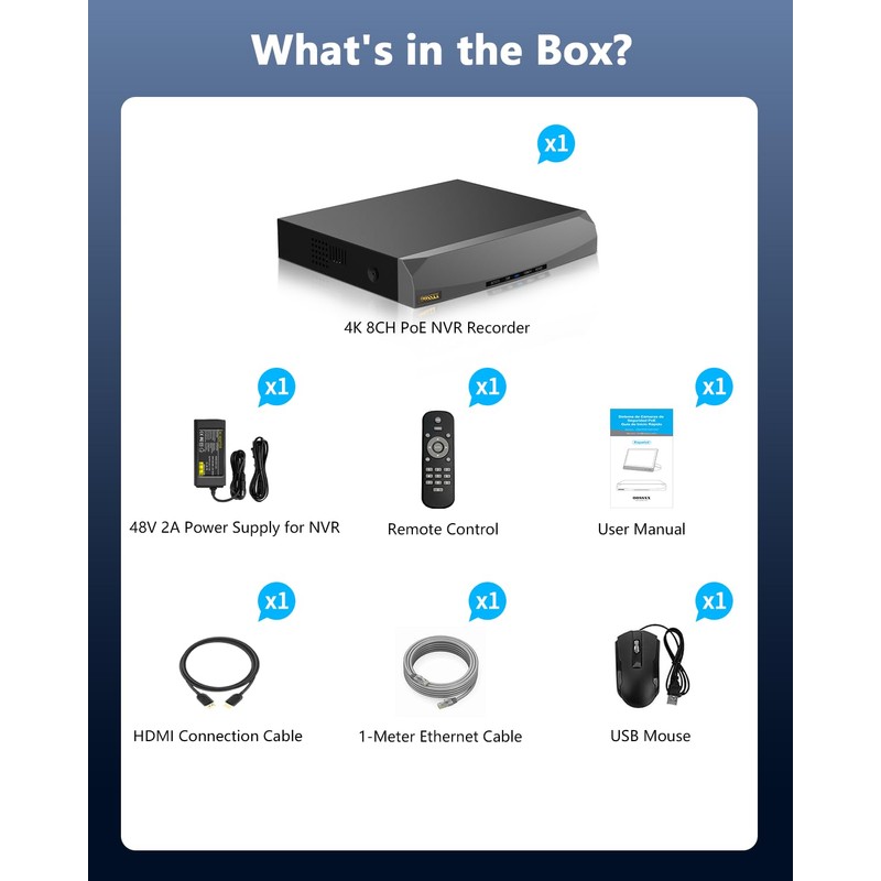 OOSSXX 8.0/4K Megapixel Security POE NVR Network Video Recorder, No
