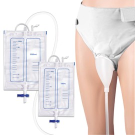 Wearable Urine Collection Set with 2 Drainage Bags (1000ml/2000ml), Reusable Silicone Urine 1.2M Catheter Bag for Elderly Men White