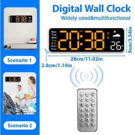 Tomedeks Wanduhr Digital 12 Zoll LED Wanduhr Groß Display Digital Uhr mit Fernbedienung Countdown Einstellbarer Helligkeit Wanduhr mit Uhrzeit/Datum/Temperatur für Wohnzimmer Küche Büro Gym(Orange)