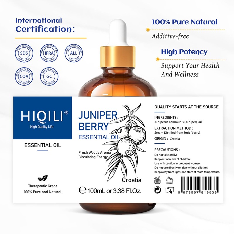 HIQILI 100ML Juniper Berry Essential Oil,100% Pure Natural Undiluted Premium