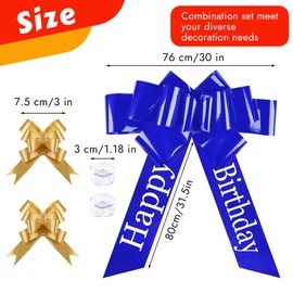Tikplus Large Bow for Car, Gift Bow Large XXL 76 cm, Red Bow Large, Giant Car Bow with Gold Small Bows and Suction Cup for Car Decoration, Happy Birthday, 18th Birthday (Blue)