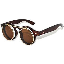 Vintage Steampunk Circle Flip Up Sunglasses Brown Gold Frame Brown Lens