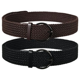 Ekulforg 2 Pack Woven Stretch Belts for Women Summer Braided Belt Wide Woven Belt Elastic Belts for Women Dress (Black&Brown, Fit Waist Size Below 36")