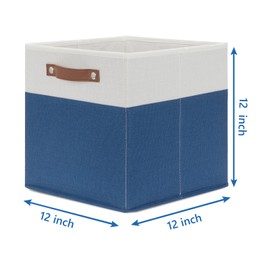 Temary Storage Cubes Bins 12x12 Storage Baskets Blue Cube Storage Bin with Handles for Organizing Home, Collapsible Storage Boxes for Clothes (White&Blue)
