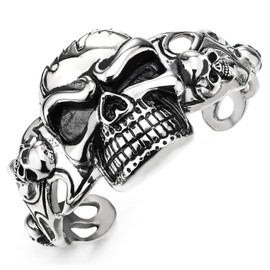 COOLSTEELANDBEYOND Heavy and Study Mens Stainless Steel Biker Vintage Flame Skull Wide Cuff Bangle Bracelet, Masculine