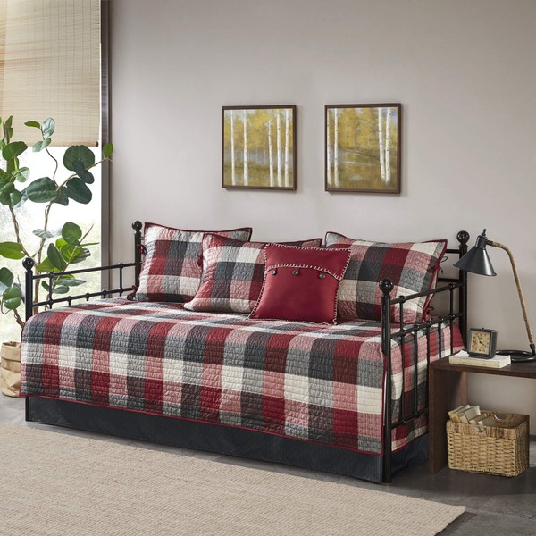 Madison Park Daybed Cover Double Sided Quilting Casual Design All Season Bedding Set with Bedskirt, Matching Shams, Decorative Pillow, 75 in x 39 in, Ridge, Plaid Red