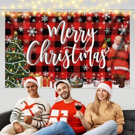 Minicoco Large Christmas Backdrop Banner,Red Fabric Christmas Decoration Supplies,Xmas Background Decoration Christmas Banner Photo Booth Sign Wall Background for Christmas Indoor Outdoor Decoration