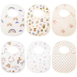 Muslin Baby Drool Bibs, Organic Cotton Snap Bibs for Baby Girls, Soft Absorbent Lap-shoulder Bibs for Teething Feeding with Waterproof TPU Backing, 6 Pack