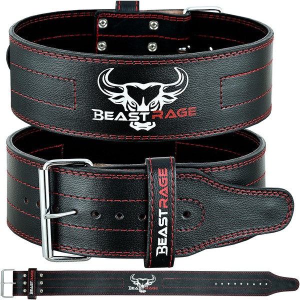 BEAST RAGE Weight Lifting Belt for Men and Women, 5mm Thick, 4" Wide Back Support, Premium Leather Fitness Belt for Weightlifting, Powerlifting, Strength Training, Squats, Deadlifts (2XL, Red)
