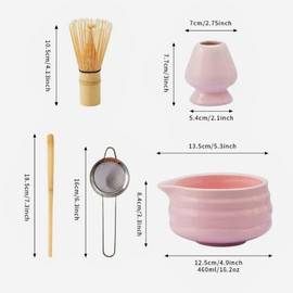 Pink Matcha Whisk Set of 5 for Matcha Tea,Matcha Starter Kit（Bowl with Spout+Bamboo Whisk and Holder+Strainer+Scoop） for Macha Beginner Making Tools with Small Sifter Sieve Mixer Wisk Chasen Chawan