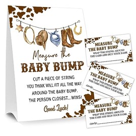Baby Shower Games Measure the Baby Bump Sign, How Big is Mommy's Belly Party Favors Supplies, 5x7 Inch Kraft Standing Sign and 50 Guessing Cards, Cowboy