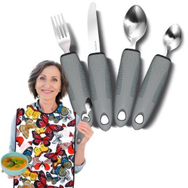 Adaptive Utensils with Adult Bib - 4pcs Weighted Utensils Set (2.5oz Each) for Hand Tremors, Elderly, Parkinson's, Arthritis - Non-Slip Easy Grip Handles for Independent Eating