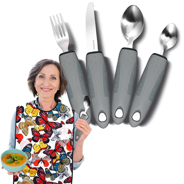 Adaptive Utensils with Adult Bib - 4pcs Weighted Utensils Set