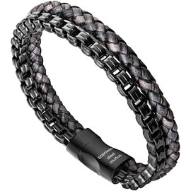 murtoo Mens Bracelet Leather and Steel, Stainless Steel Chain and Leather Bracelets for Men (Black-grey, 9.25")
