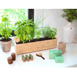 Fleur DU BIEN Indoor Herb Garden Kit with Planter Box, Window Gardening Set with Plant Markers, Growing Pots, Soil Discs and 6 Packs of Herbs Seeds, DIY Gardening Gift for Gardeners with Manual