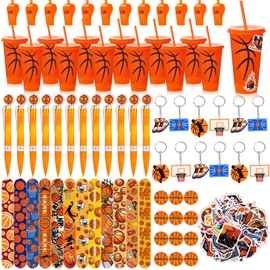 Hollowfly 122 Pcs Basketball Party Favors Set Basketball Goodie Bags Stuffers Includes Cups with Straw Mini Stress Ball Keychains Slap Bracelets Whistles Stickers Pens for Birthday Party Supplies