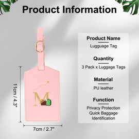 YELARXI Luggage Tags, Initial Letter Travel Luggage Baggage Labels PU Leather Tag Waterproof for Privacy Protection ID Suitcase Identifier Backpack (3 Pack, Pink M)
