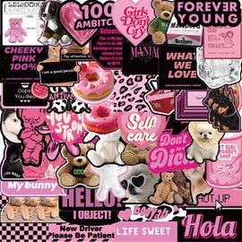 55Pcs Black & Pink Aesthetic Stickers Downtown Girls Stickers Pack Cool Trendy Y2K Stickers for Scrapbook Funny Waterproof Stickers for Girls Women Vinyl Stickers for Laptop Party Supplies