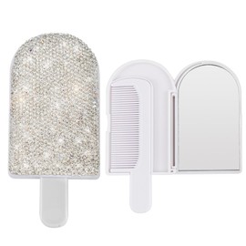 Framendino, Metal Handheld Mirror Bling Glitter Cosmetic Dazzling Portable Hand Mirrors with Hair Brush for Women White