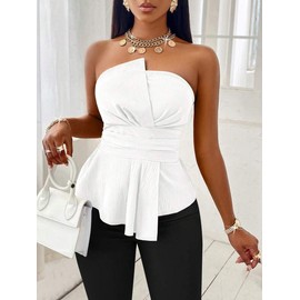 SISKIN Tube Top, Slimming Solid Ruched Asymmetrical Peplum Hem Off Shoulder Strapless Top White L