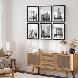 SIGNLEADER Framed Wall Art Collage Print Gallery Set, New York City Skyline and Landmarks Wilderness Illustrations Modern Decorative Colorful for Living Room, Bedroom, Office - 11" x 14" x 6 Black