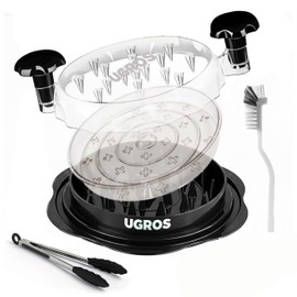 UGROS Chicken Shredder Tool Twist, Round Chicken Breast Shredder with Handles, Anti Slip Visible Meat Shredder Machine for Chicken Pork Beef, Transparent Lid Meat Grinder with Brush and Tongs