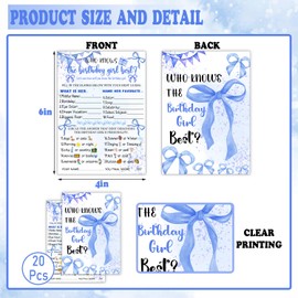 Who Knows The Birthday Best - Blue Birthday Party Games Card Set of 20 - Birthday Night Games Creative Idea - Blue Bow Themed Sleepover Slumber Party Supplies