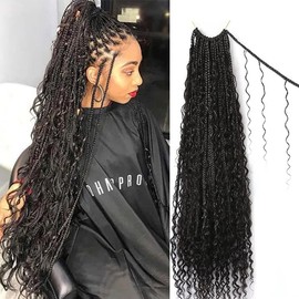 Crochet Boho Box Braids With Human Hair Pre Looped Hair Goddess Box Braids With Human Hair Curly Full Ends Hair Extensions For Women Natural Black Color 18inch 2 Pack(80 Strands)