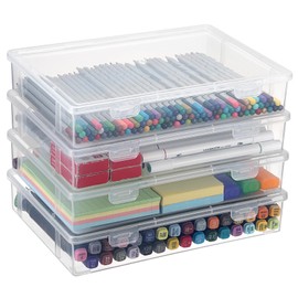 BTSKY Clear Plastic Storage Box with Flap Lid, Multipurpose Craft Organizers and Storage Box Art Supply Storage Organizer Plastic Sewing Box for Beads Pencils Notebooks, 4 Pack Medium