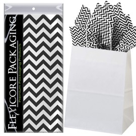 Flexicore Packaging White Kraft Paper Gift Bags & Black Gift Wrap Tissue Paper | Size: 8 Inch X 4.75 Inch X 10.5 Inch | Count: 5 Bags | Color: Black Chevron