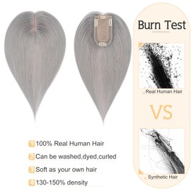 SEGO Grey Hair Toppers for Women Real Human Hair No Bangs, 7 * 13 CM Silk Base Clip In Topper Wiglet, Top Pieces Add Volume -6 Inch G1 Silver Grey