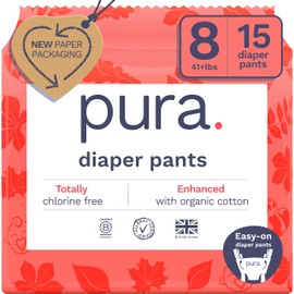 Pura Hypoallergenic Diaper Pants Size 8 (41+ lbs) Overnight, up to 12 Hours Leak Protection, Suitable for Sensitive Skin, Totally Chlorine Free, Soft Organic Cotton, 1 Pack of 15 Pull Up Pants