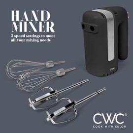COOK WITH COLOR Handheld Mixers: Whip up Deliciousness! Beaters & Whisk Attachments. Lightweight & Labeled, 150w 5 Speed, Black