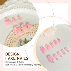 48Pcs French Tips Press on Nails/Toenails for DIY Manicure Glossy Pink Curve Line Acrylic Medium Square False Nails Gel Glue on Nails Heart Fake Nails Stick on Nails for Women Girls Streamers Design