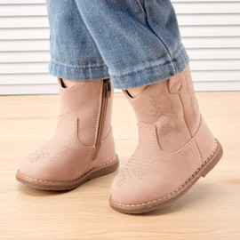 BMCiTYBM Baby Cowboy Cowgirl Boots Infant Western Boots Toddler Boys Girls Round Toe Riding Mid Calf Boots All Seasons for 6 9 12 18 24 Months Camel Size 5 Toddler