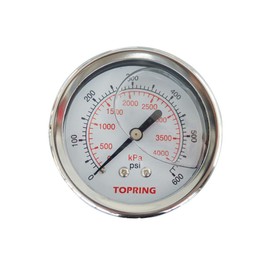 TOPRING 55.743 Glycerine-Filled Stainless Steel (Brass Internals) Air Pressure Gauge, 0-600 PSI, 2-1/2 in. Dial, Center Back Mount, 1/4(M) NPT, Series 55