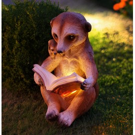 Kremers Schatzkiste Solar Meerkat Mama Reads Book in Front of Garden Figurine 20 cm Decorative LED Polyresin Sculpture Book Illuminated Hand-Painted with UV Protection Meercat